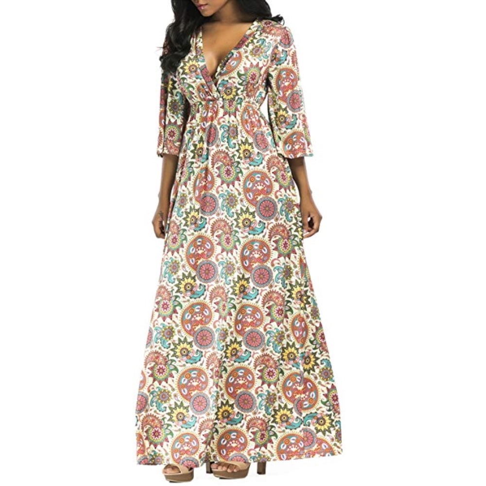 Paisley Floral Print Plus Size Bohemian VNeck Maxi - Picture 3 of 6